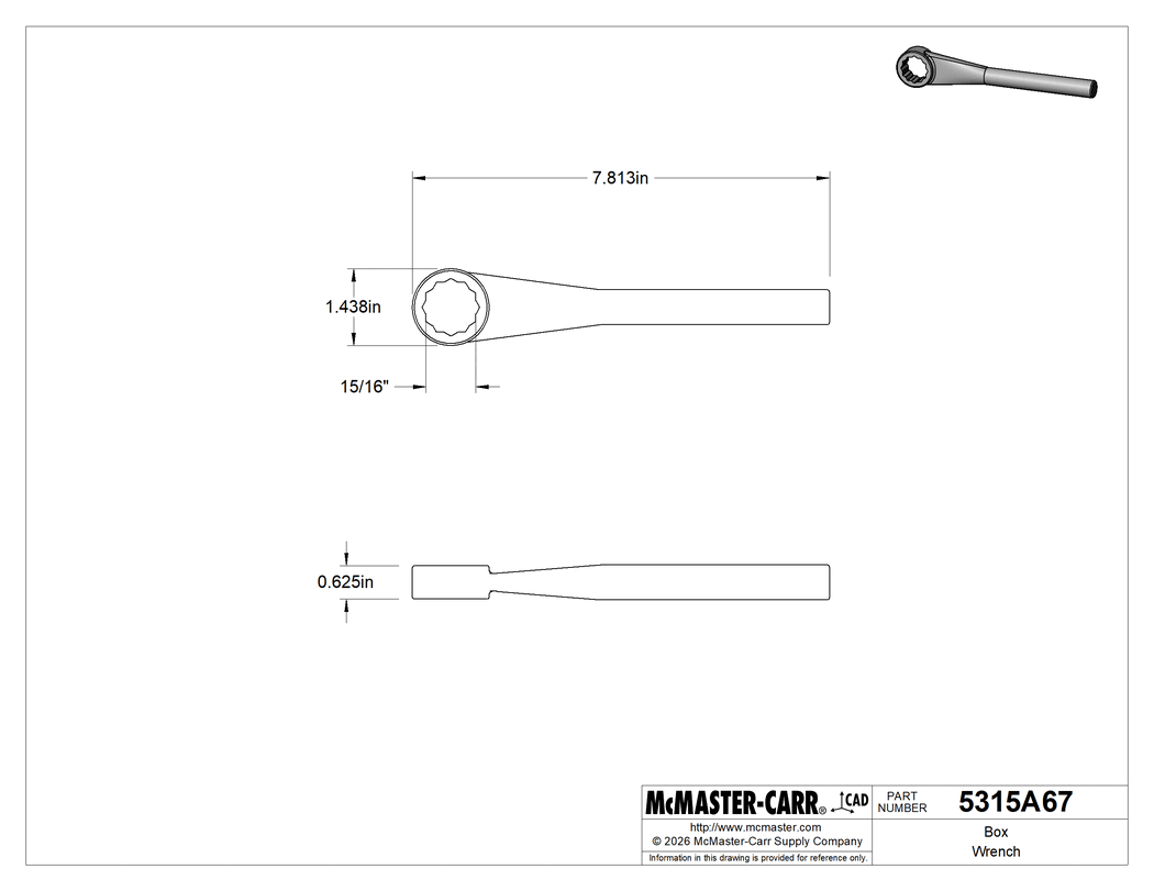 Technical Drawing of Box Wrench, 12-Point Opening, 15/16" Size, 7-7/8" Overall Length.